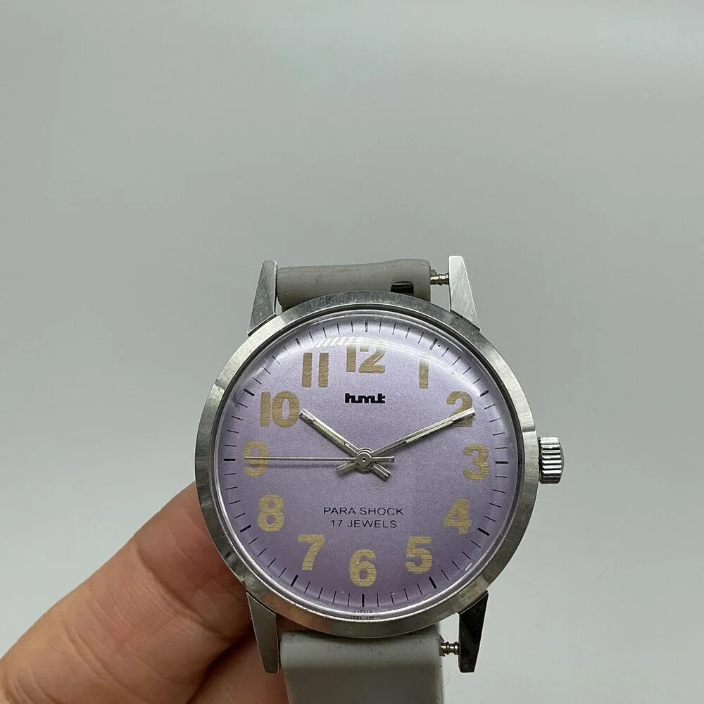 Vintage HMT Para Shock Mens Watch 34mm Purple Dial Silver Tone 17 Jewels Manual